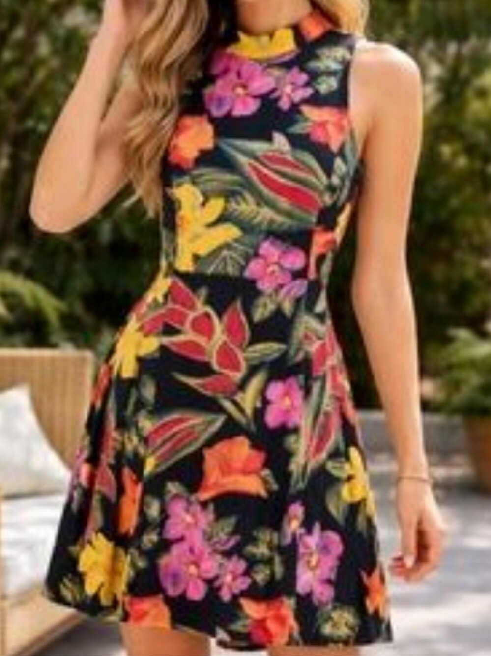 Vintage 90s RJ&Co Tropical Rayon Halter Dress Cutout Back Size 12